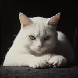 a white cat that is laying down with a black background