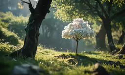 this photo shows the base of an older tree covered in flowers