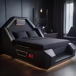 an unusual bed is shown with a black theme