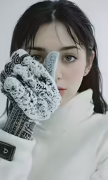 an asian woman with her eyes closed, holding a glove with her left hand to the camera