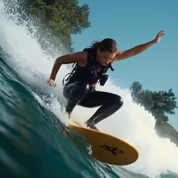 a female surfer in a wetsuit is riding a wave
