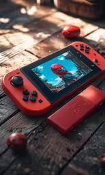 a red nintendo wii game system lying on top of a wooden table