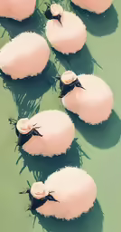 four sheep standing in the water with their heads turned to one