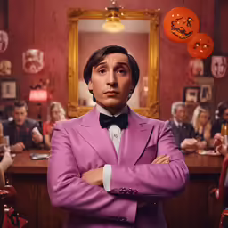 a man in a suit standing in a room full of people