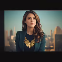 this photo shows the star - crossed shoulders and shoulders of a woman in black shirt, gold trim jacket, and city skyline