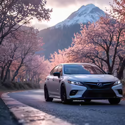 a car on a road with trees in the background