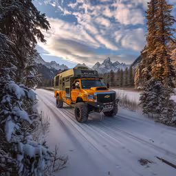a yellow truck driving in the snow near some trees,there is a yellow truck driving down the snowy road