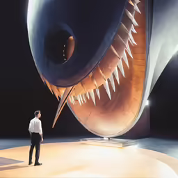 a man standing near a large art object on display