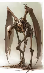 a skeleton dog that is standing in the middle of a desert
