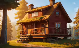 a small wooden house surrounded by trees,a house with an entrance and a staircase next to it