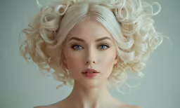 a woman with curly blonde hair wearing blue eyes