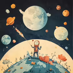 an illustrated painting of a astronaut standing on a planet