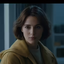 a woman looking at the camera while wearing a yellow jacket