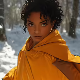 a beautiful young woman in yellow standing next to snow