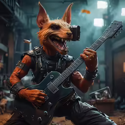 a man in leather outfit and mask playing a guitar