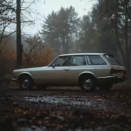 a small car parked on the side of the road in a forest