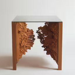 an artistic table designed with wood and glass