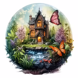 a beautiful house by the water with a red butterfly