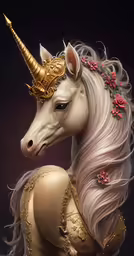 an artwork work of a unicorn wearing a gold dress