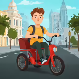 a guy is riding on a red scooter with his dog