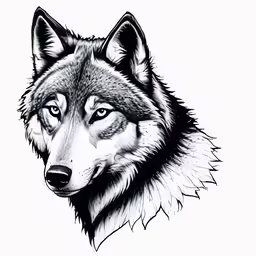 the head of a wolf in black and white
