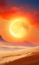a painting of a full moon with a mountain in the background