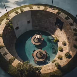 a pool in the middle of a courtyard with benches and patio furniture