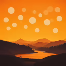 an orange and yellow painting of a mountain scene with a lake in the distance
