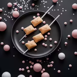a black plate filled with pink and white candy balls