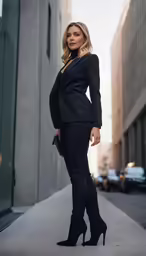 a woman wearing a black suit and boots poses on a sidewalk