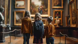 two little kids and an older man look at paintings,three children looking at paintings in the museum