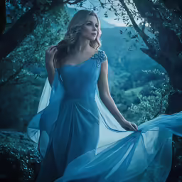the blond beauty is posing in a blue dress