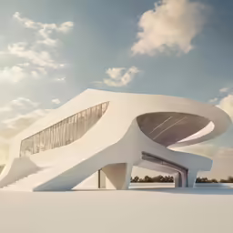 a futuristic structure with two wings and an oval window