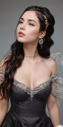 a woman wearing an elegant dress and hair combs