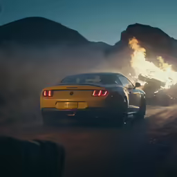 the yellow sports car is being sprayed with fire