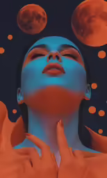a woman is wearing a necklace with orange circles on it