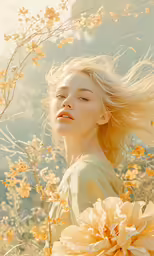 a woman holding a flower with a sky background