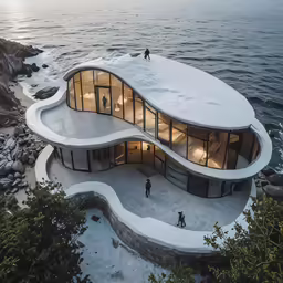 a couple walks near a modern house designed on a cliff