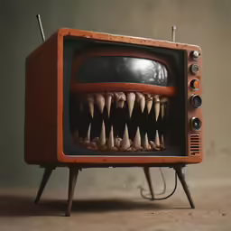 an old tv has a fake teeth on it