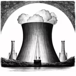 an old picture of nuclear power station with smoke stacks and smokestacks