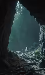 a lone animal standing in the shade of a cave