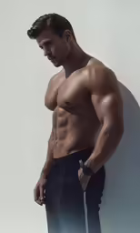 a man standing next to a white wall wearing shorts