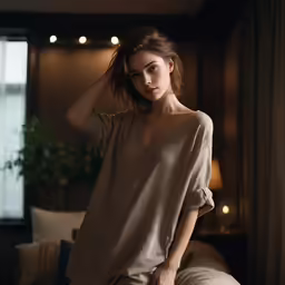 a girl in the dark in a tan top and pants