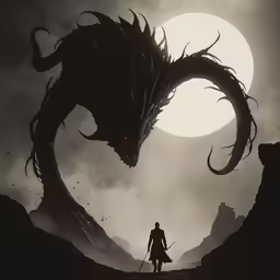 a large dragon is walking away from a man