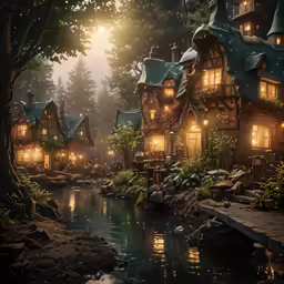 a couple houses are surrounded by trees and water