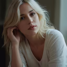 a blonde woman with hand on her head in white shirt looking at camera