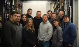 a group of men and women posing together in a room full of guitars