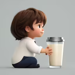 a small kid holding a glass with milk