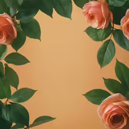 some pink roses on a yellow background with green leaves