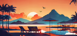the island with umbrellas is under the sunset,a couple of chairs and umbrellas near the water